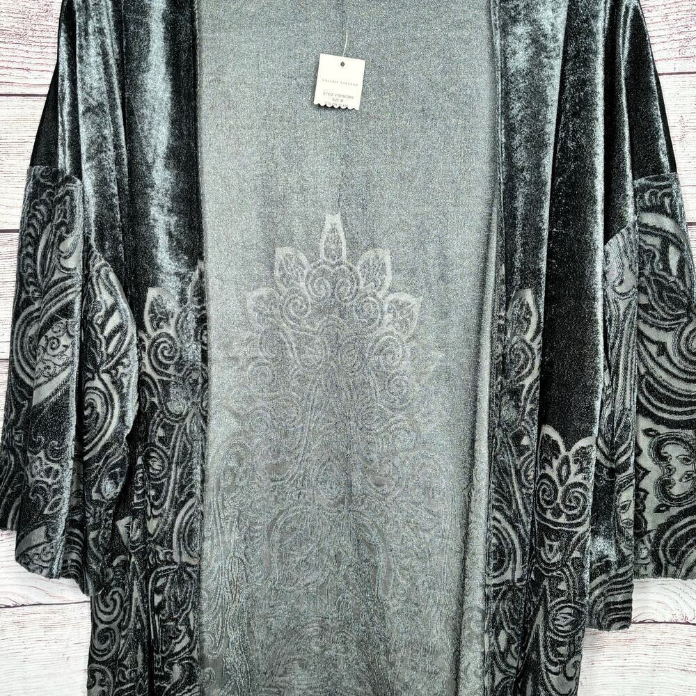 Valerie Stevens Slate Crushed Velvet Burnout Open Front Kimono Size Large New - Picture 7 of 11